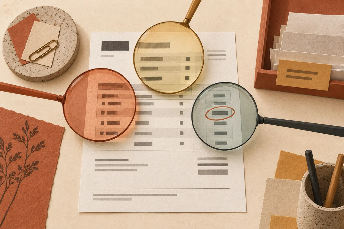 Three magnifying lenses over an invoice, illustrating independent checks of extracted fields.