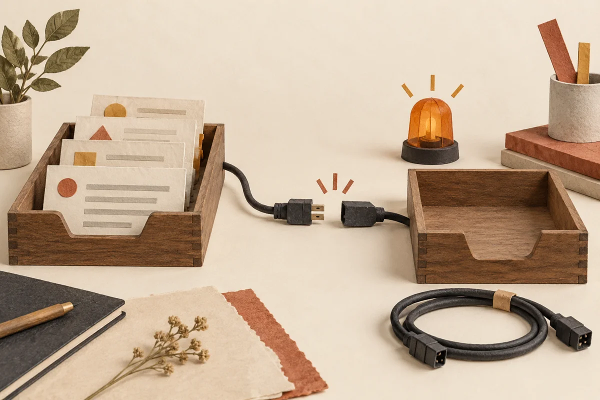 Disconnected cable between task trays, with queued cards and an amber warning lamp.