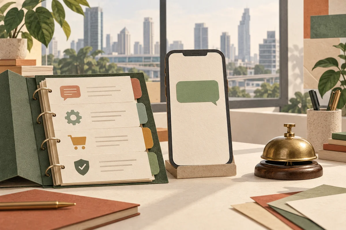 A green chat screen beside an approved-answer binder, a key and a service bell in a modern Bangkok office.