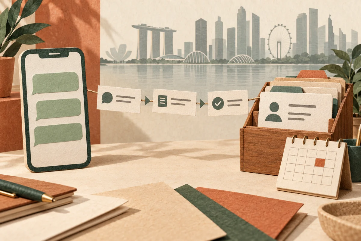 Green chat bubbles feeding contact cards and a calendar, with a Singapore skyline in the background.
