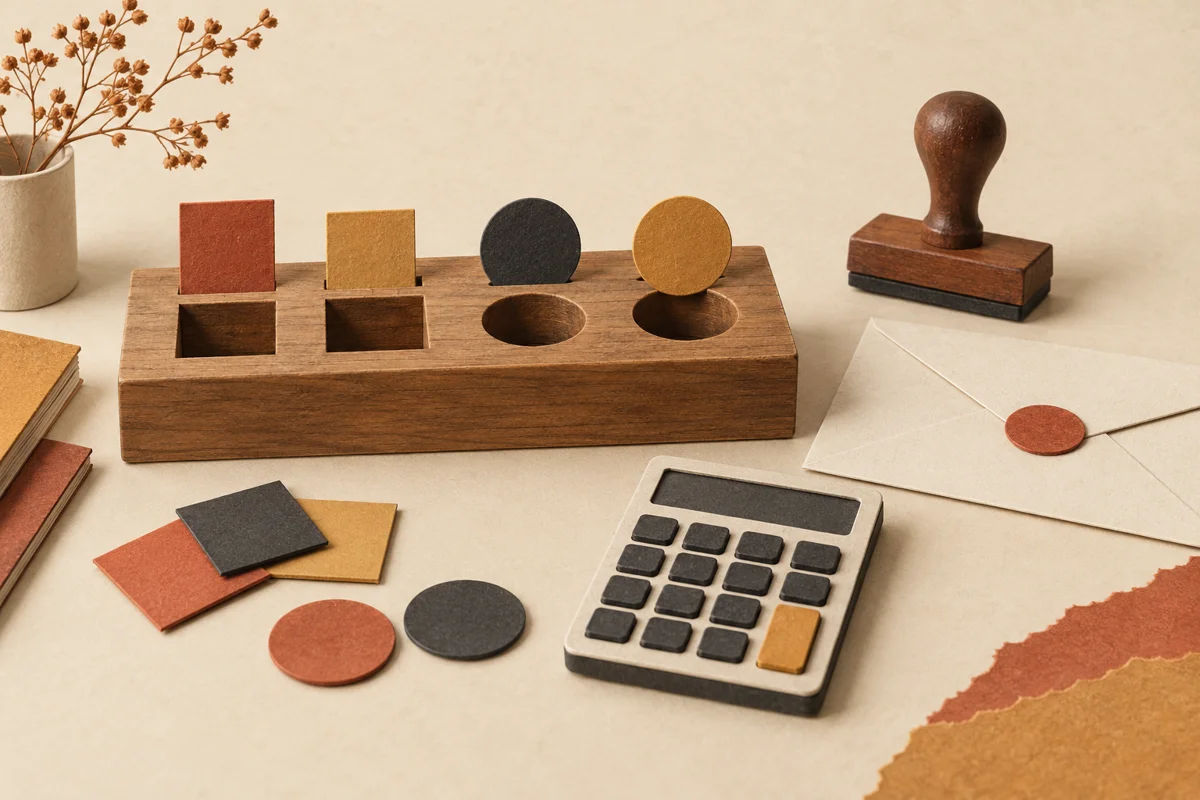 Wooden shape sorter, calculator and unused approval stamp representing precise rules and human approval.